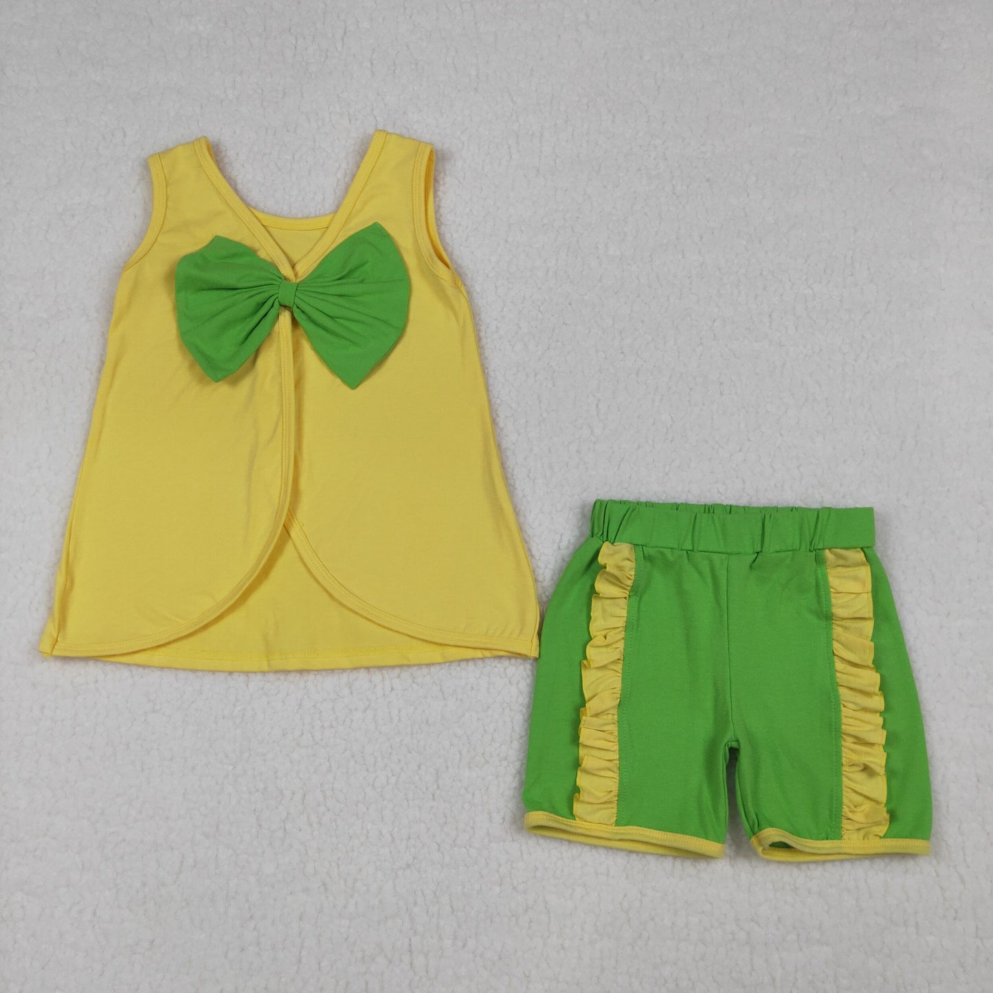 RTS NO MOQ GSSO3464 Baby Girls Green Ruffle Shorts Outfit Sleeveless Back Bows Tunic Top And Bottoms Set for Spring Summer