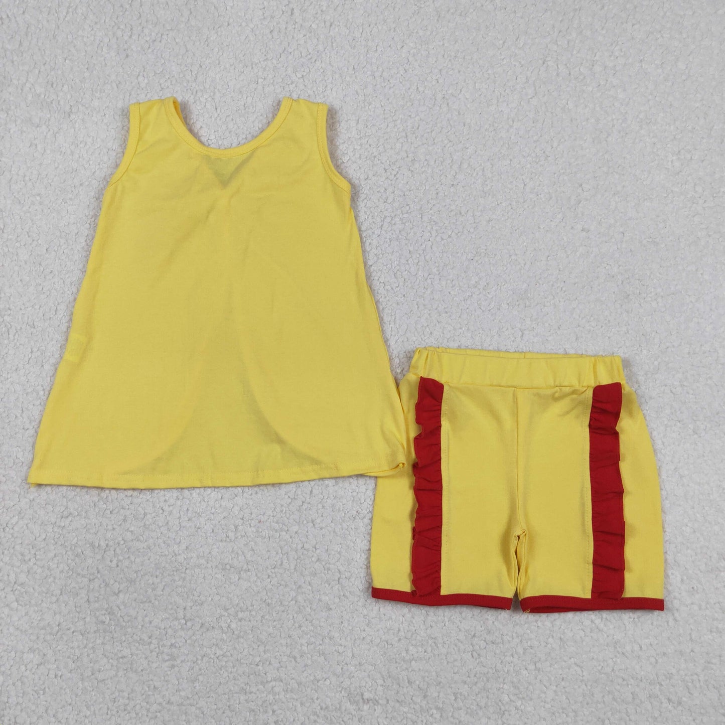 RTS NO MOQ cotton GSSO3466 Baby Girls Cute Yellow Sleeveless Back Bows Tunic Ruffle Shorts Sets