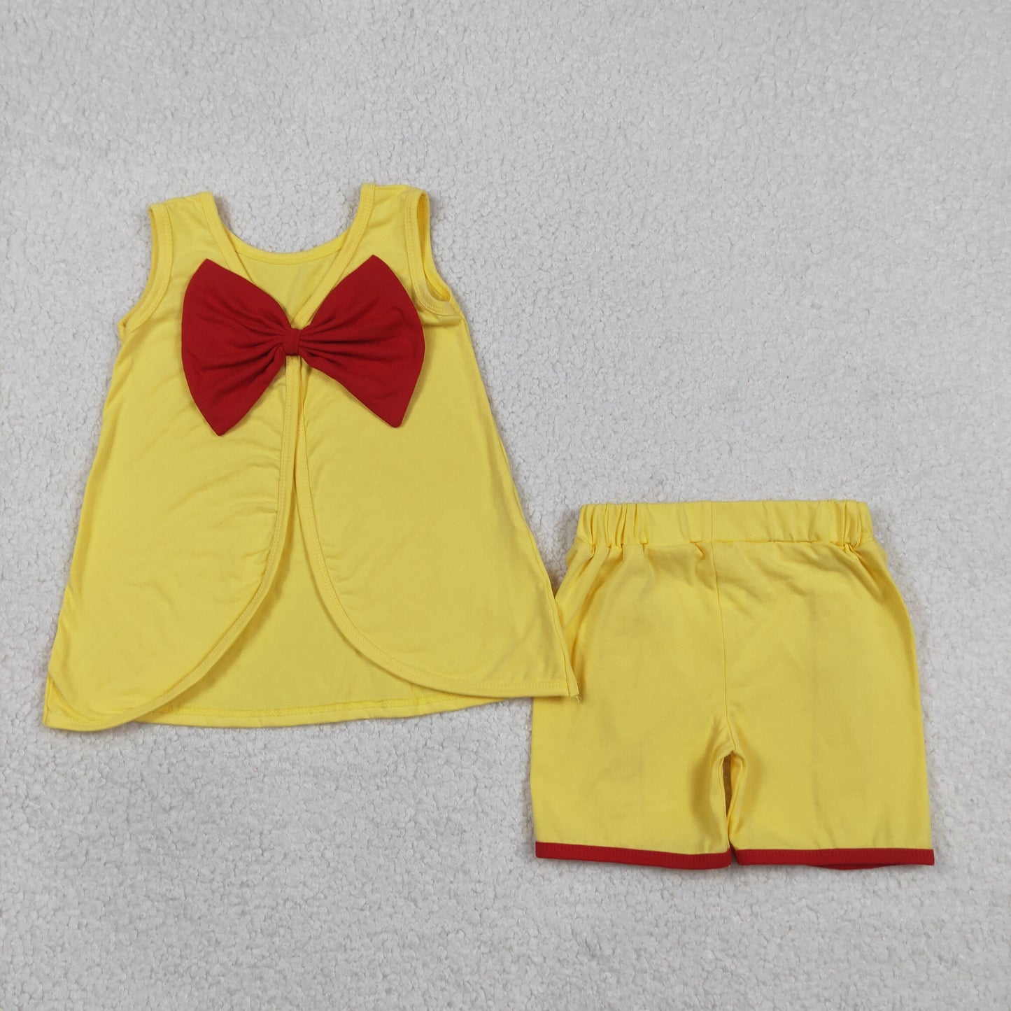 RTS NO MOQ cotton GSSO3466 Baby Girls Cute Yellow Sleeveless Back Bows Tunic Ruffle Shorts Sets