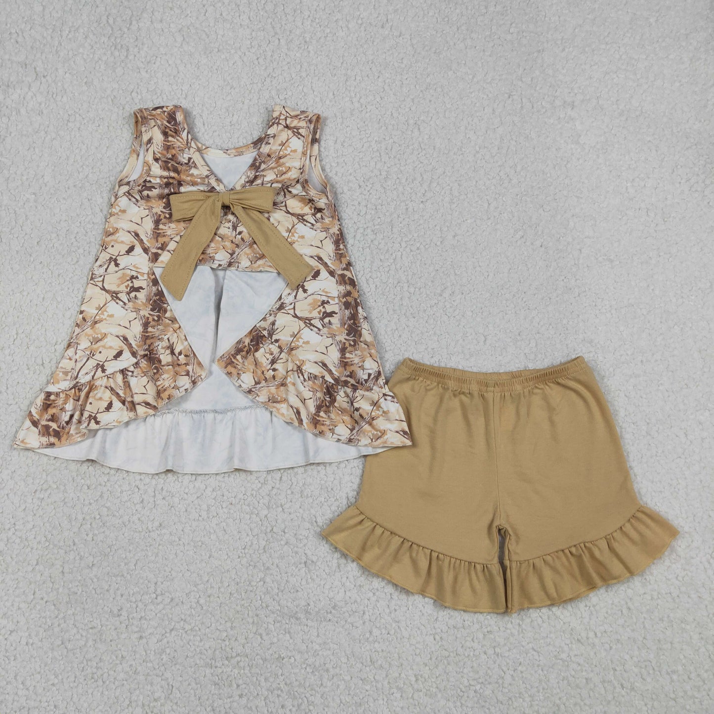 RTS NO MOQ milk silk GSSO3467 Baby Girls Sleeveless Leaves Camouflage Tunic Top with Ruffle Shorts Outfit Set