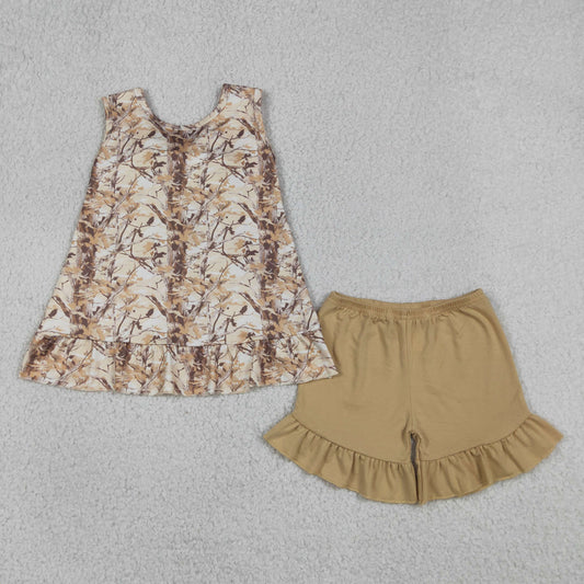 RTS NO MOQ milk silk GSSO3467 Baby Girls Sleeveless Leaves Camouflage Tunic Top with Ruffle Shorts Outfit Set