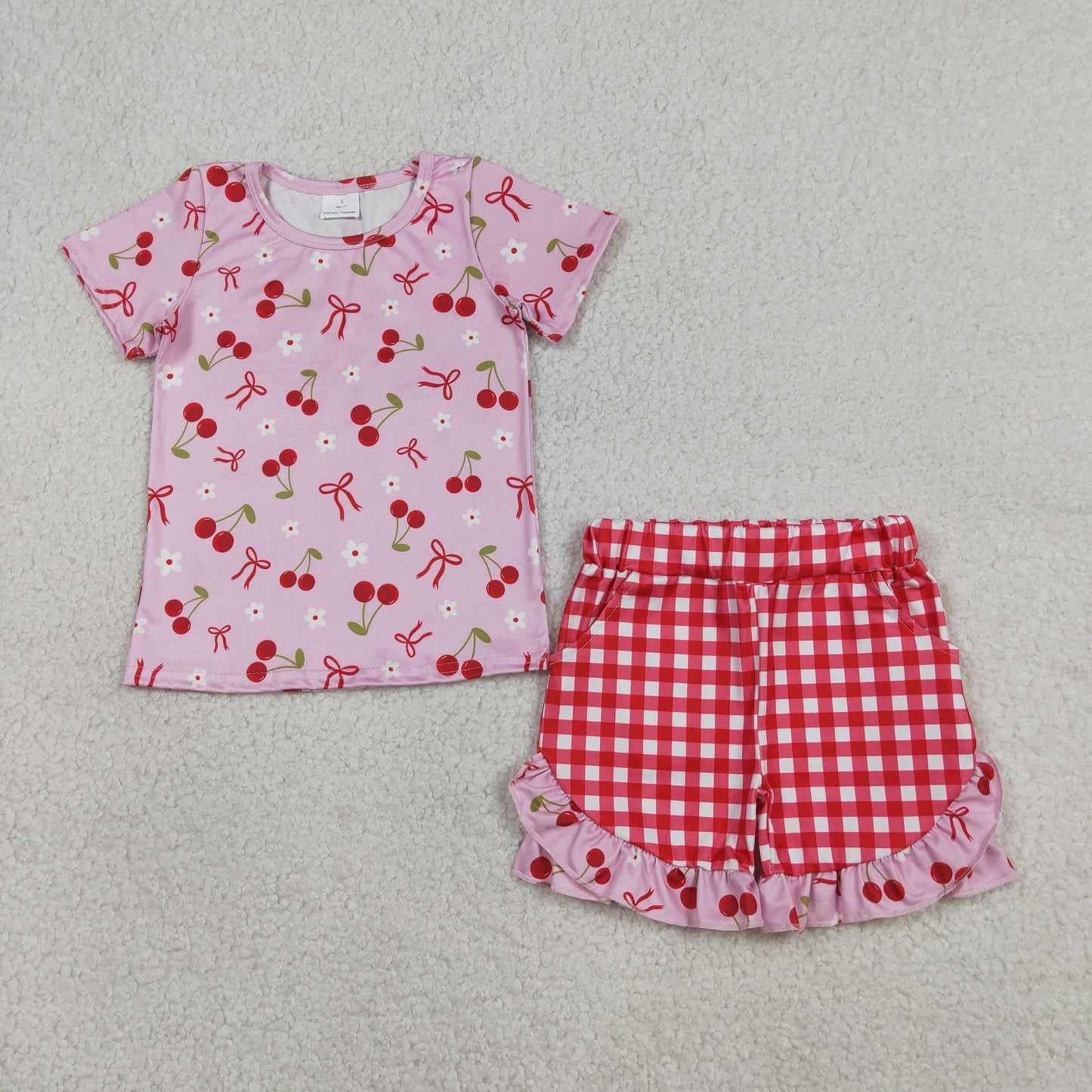 RTS NO MOQ GSSO3470 Baby Girls Cherry Blossom Print Top And Checked Ruffle Shorts Outfit Set Cute Children's Clothing