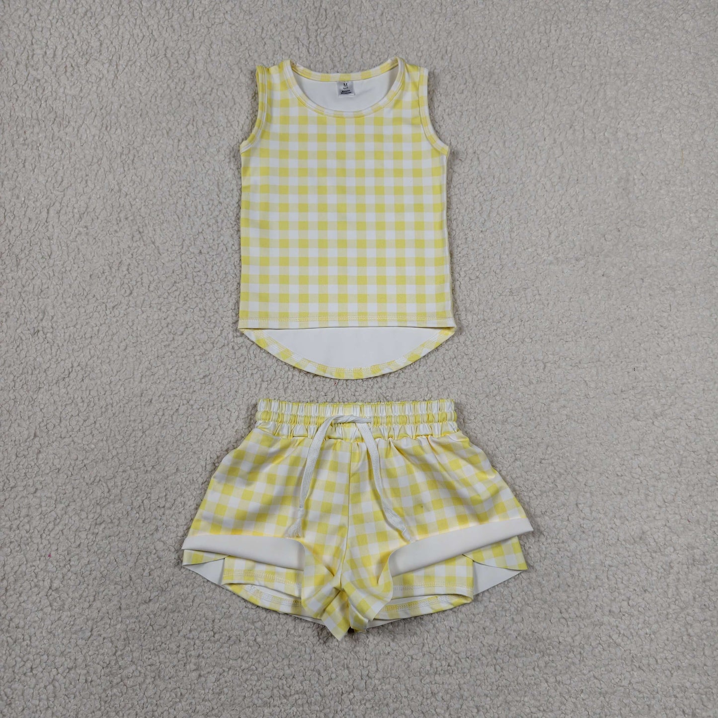 RTS NO MOQ yoga fabric GSSO3475 Baby Girls Fashion Yellow Checked Sleeveless Top Yoga Shorts Summer Set