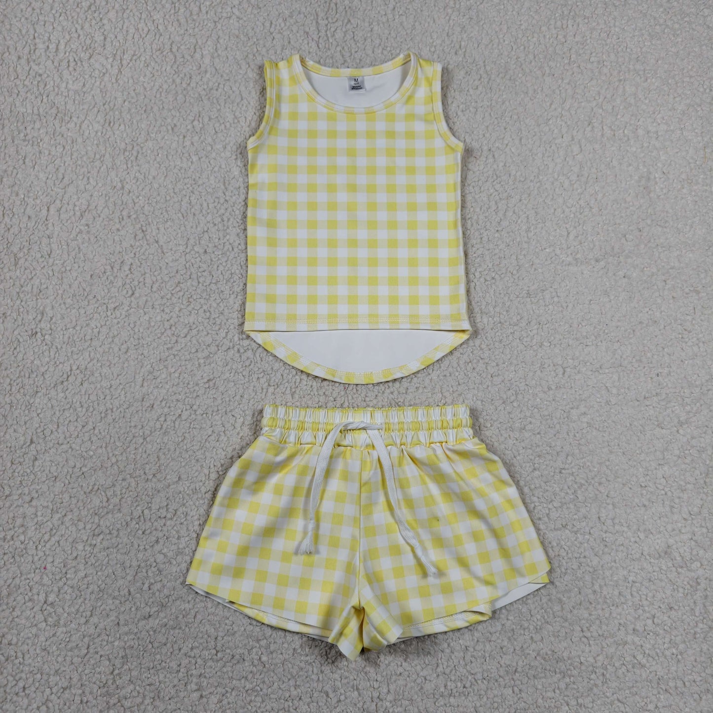 RTS NO MOQ yoga fabric GSSO3475 Baby Girls Fashion Yellow Checked Sleeveless Top Yoga Shorts Summer Set