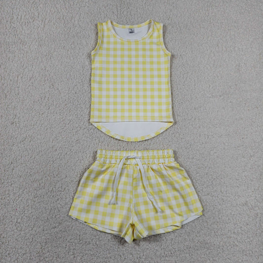 RTS NO MOQ yoga fabric GSSO3475 Baby Girls Fashion Yellow Checked Sleeveless Top Yoga Shorts Summer Set