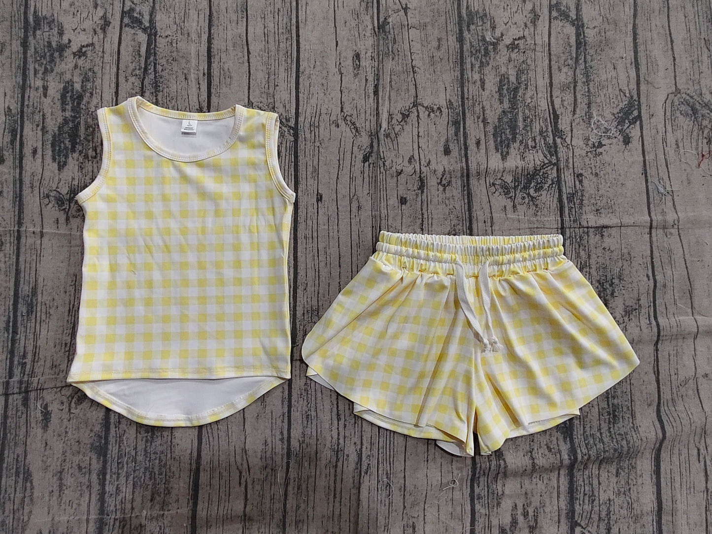(Sample) No moq GSSO3475 Yoga Baby Girls Fashion Yellow Checked Sleeveless Top Yoga Shorts Set
