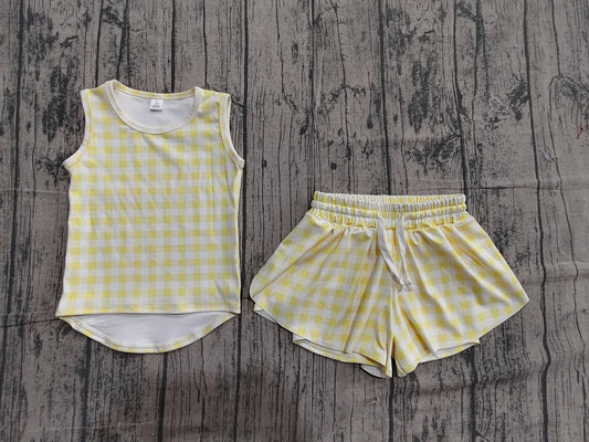 (Sample) No moq GSSO3475 Yoga Baby Girls Fashion Yellow Checked Sleeveless Top Yoga Shorts Set