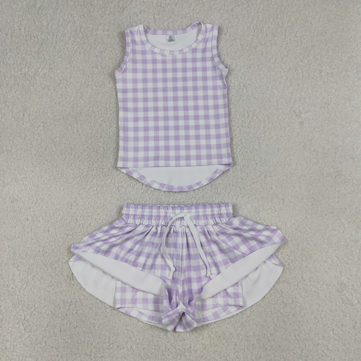 RTS NO MOQ GSSO3477 Baby Girls Lavender Checked Vests Top with Butterfly Short Yoga Active Clothes Set for Kids