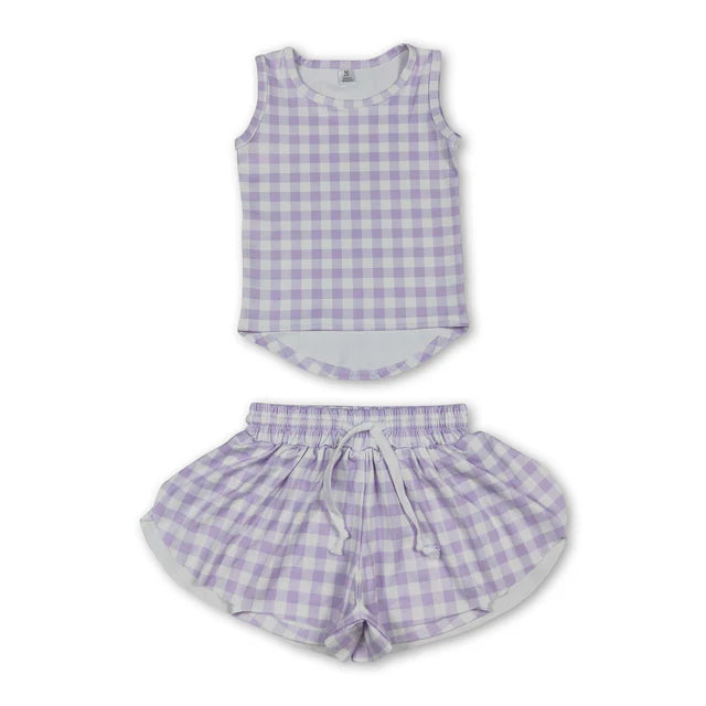 RTS NO MOQ Sibling yoga fabric Baby Girls Checked Vest Top Butterfly Shorts Yoga Active Clothes Sets