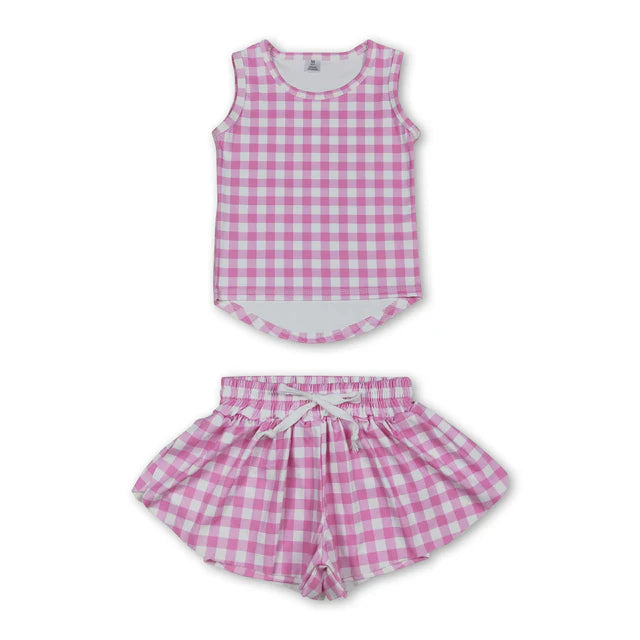 RTS NO MOQ Sibling yoga fabric Baby Girls Checked Vest Top Butterfly Shorts Yoga Active Clothes Sets