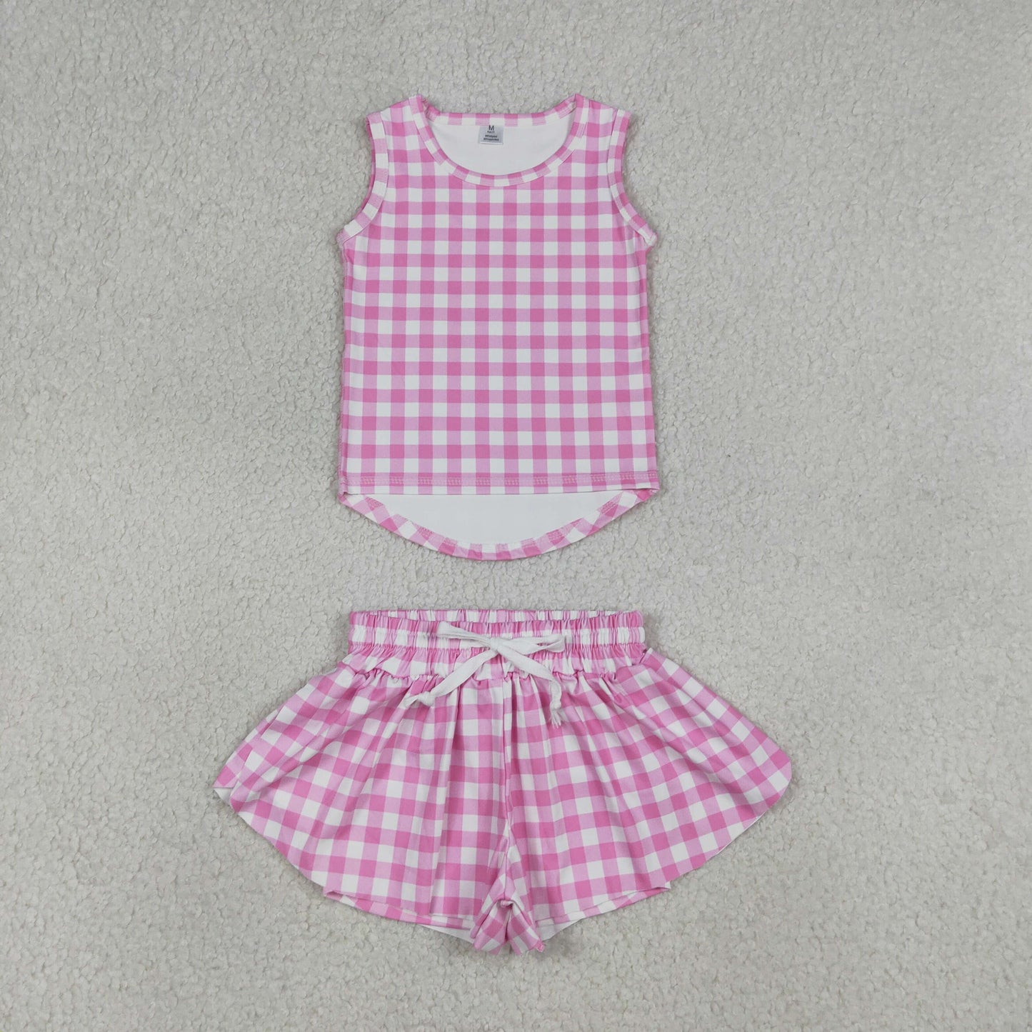 RTS NO MOQ GSSO3478 Baby Girls Pink Checked Vests Top with Butterfly Short Yoga Active Clothes Set for Kids
