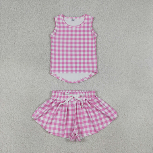 RTS NO MOQ GSSO3478 Baby Girls Pink Checked Vests Top with Butterfly Short Yoga Active Clothes Set for Kids