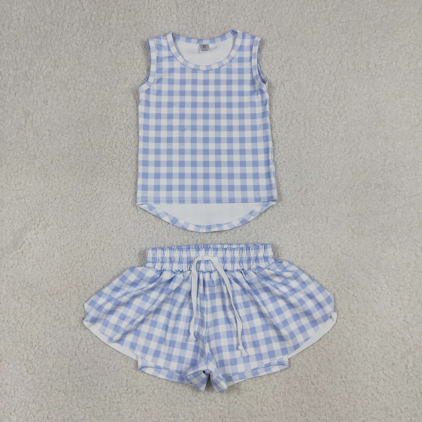 RTS NO MOQ GSSO3479 Baby Girls Blue Checked Vests Top with Butterfly Print Short Yoga Active Clothes Set for Kids