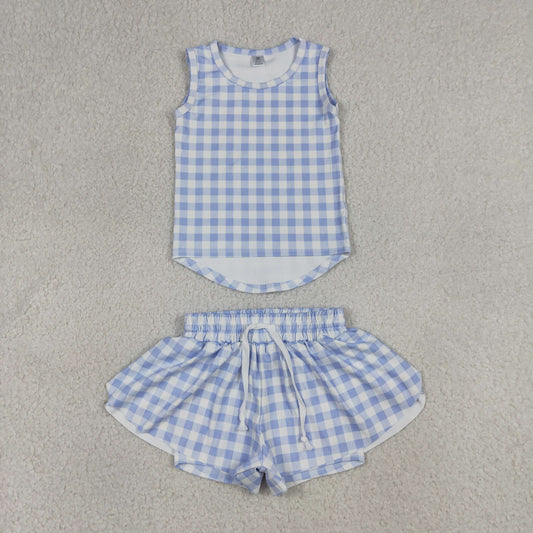 RTS NO MOQ GSSO3479 Baby Girls Blue Checked Vests Top with Butterfly Print Short Yoga Active Clothes Set for Kids