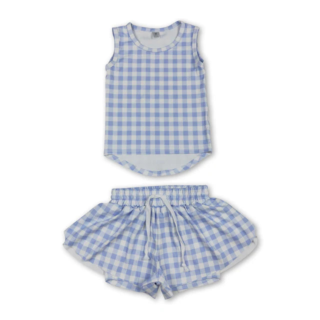 RTS NO MOQ Sibling yoga fabric Baby Girls Checked Vest Top Butterfly Shorts Yoga Active Clothes Sets