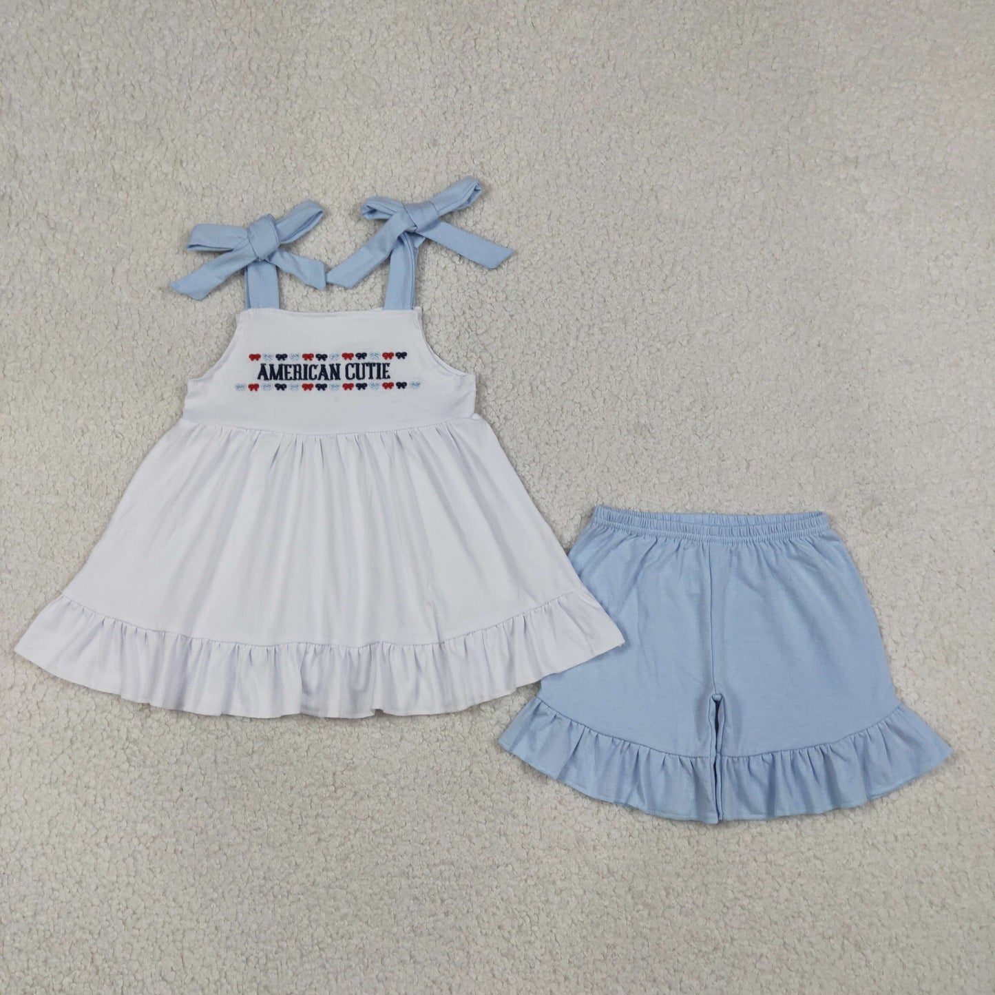 RTS NO MOQ milk silk GSSO3480 Baby Girls 4th of July Cute Embroidered Strap Two Piece Outfit