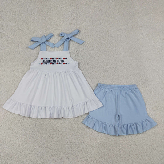 RTS NO MOQ milk silk GSSO3480 Embroidery Baby Girls American Cutie 4th of July Strap Tunic Ruffle Shorts Sets