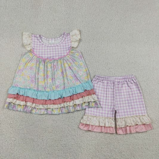 RTS NO MOQ milk silk GSSO3485 Baby Girls Colorful Floral Patchwork Tunic Ruffle Shorts Set