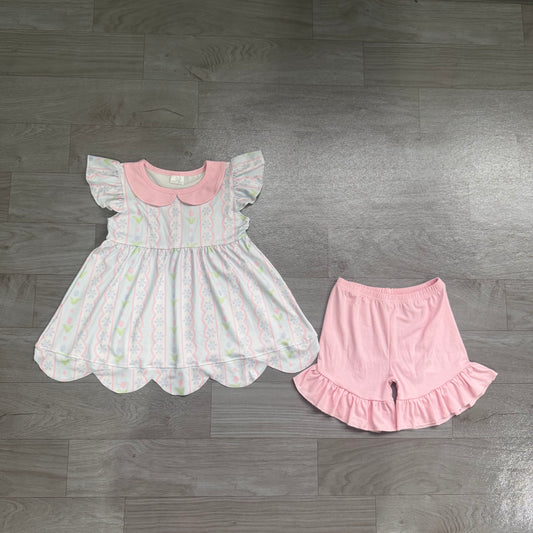 (Sample) No moq milk silk GSSO3490 Baby Girls Floral Print Stripe Long Sleeve Tunic Top Ruffle Shorts Outfit Set