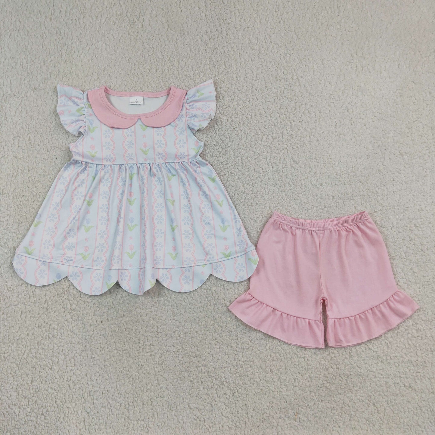 RTS NO MOQ Sibling Baby Girls Flowers Stripe Collar Scallop Tunic Ruffle Short Clothes Sets Dress