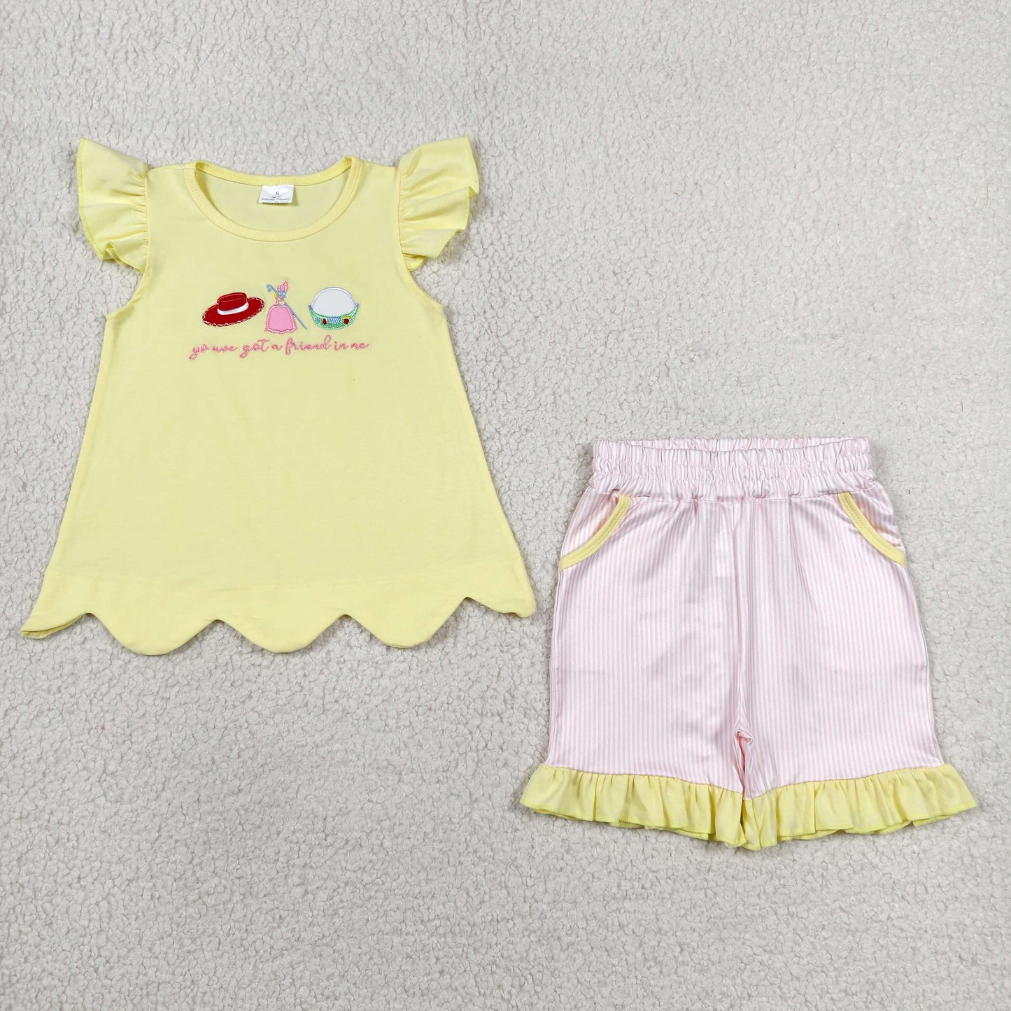 RTS NO MOQ milk silk GSSO3495 Baby Girls Embroidery Friend Scallop Stripe Pocket Tunic Short Set