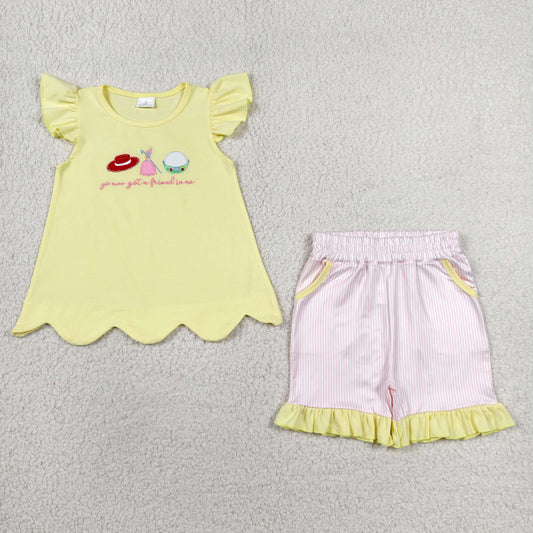 RTS NO MOQ milk silk GSSO3495 Baby Girls Embroidery Friend Scallop Stripe Pocket Tunic Short Set