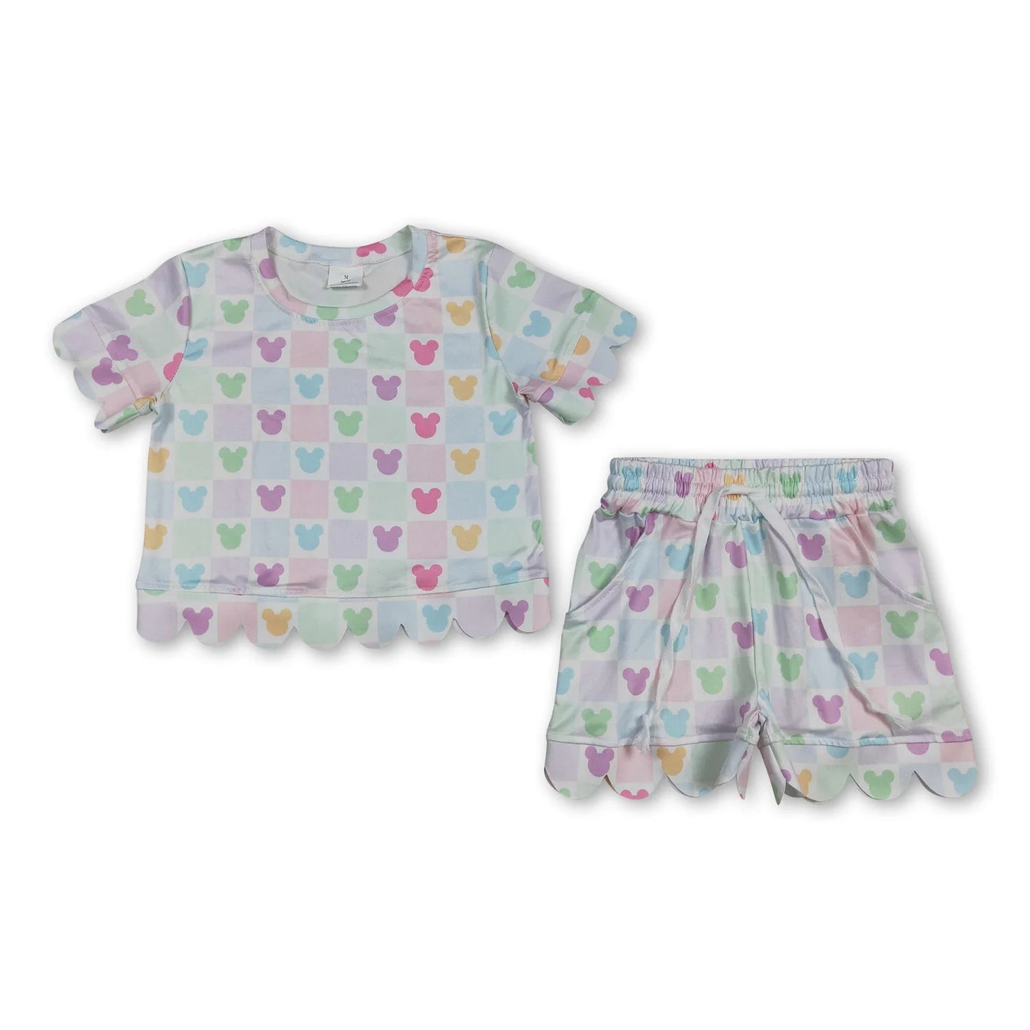 RTS NO MOQ Sibling milk silk Baby Girls Colorful Flowers Short Sleeve Shirt Scallop Casual Shorts Clothing Suit