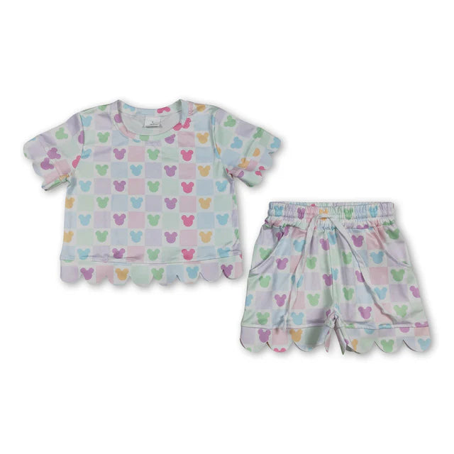 RTS NO MOQ Sibling milk silk Baby Girls Colorful Flowers Scallop Trim Short Sleeve Tee And Elastic Waist Shorts Set