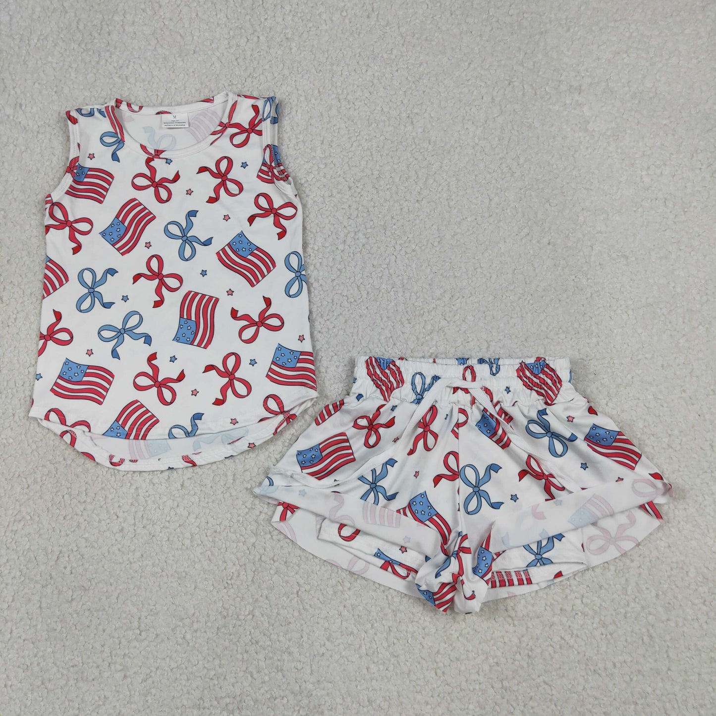 RTS NO MOQ milk silk GSSO3520 Baby Girls Red Blue Flag Star Bow 4th of July Two Piece Set