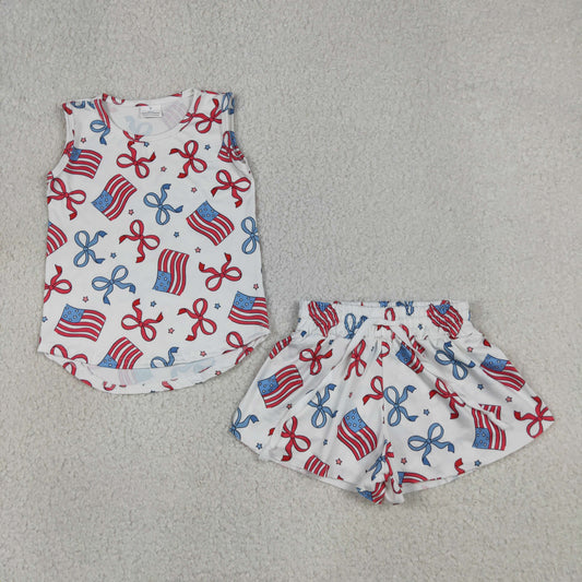 RTS NO MOQ milk silk GSSO3520 Baby Girls Red Blue Flag Star Bow 4th of July Two Piece Set
