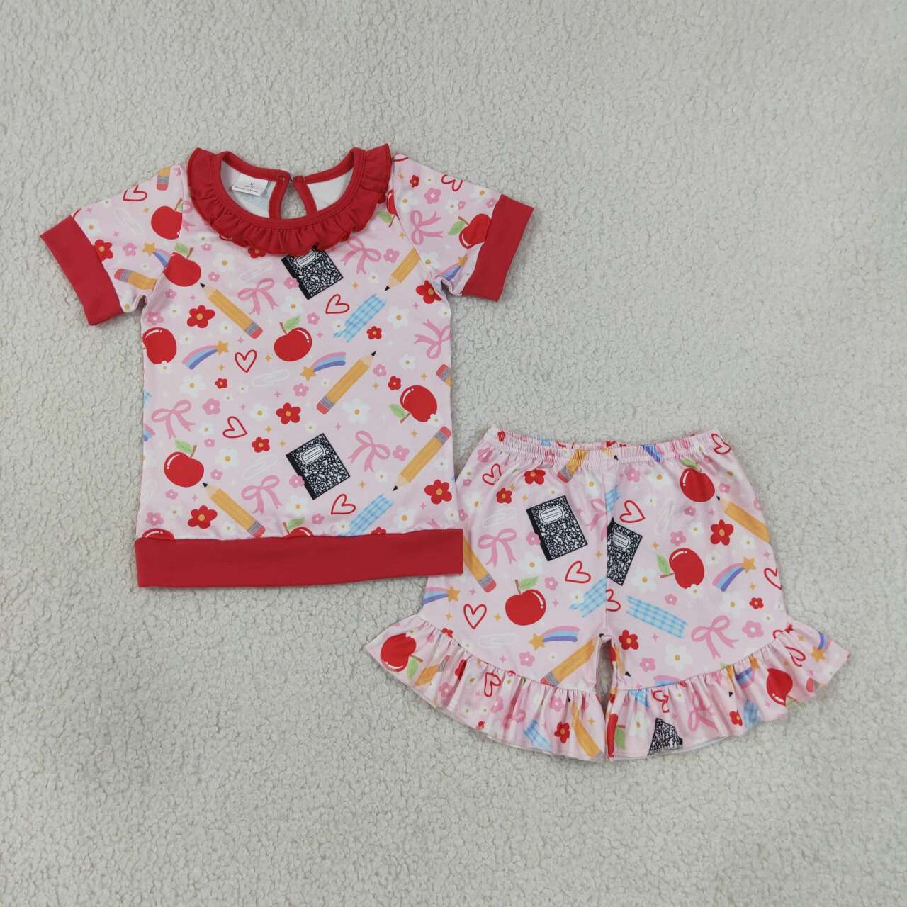 NEW RTS NO MOQ milk silk GSSO3525 Baby Girls Back To School Pencil Flower Apple Print Ruffle Short Sleeve Top Shorts Outfit Set(2T-14-16T）