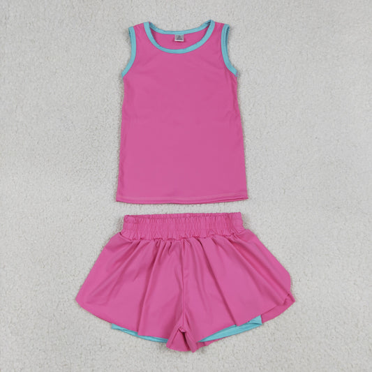 RTS NO MOQ yoga fabric cotton GSSO3526 Baby Girls Pink Sleeveless Vest Two Piece Active Clothes Set