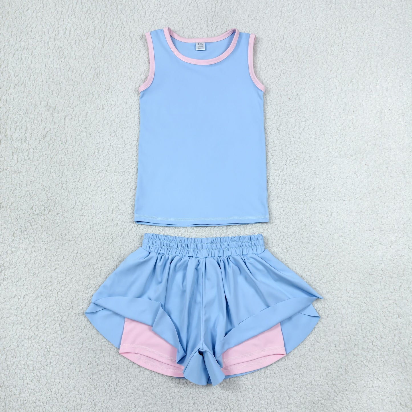 RTS NO MOQ yoga fabric GSSO3527 Baby Girls Solid Blue Ruffle Edge Elastic Waist Active Wear Yoga Set
