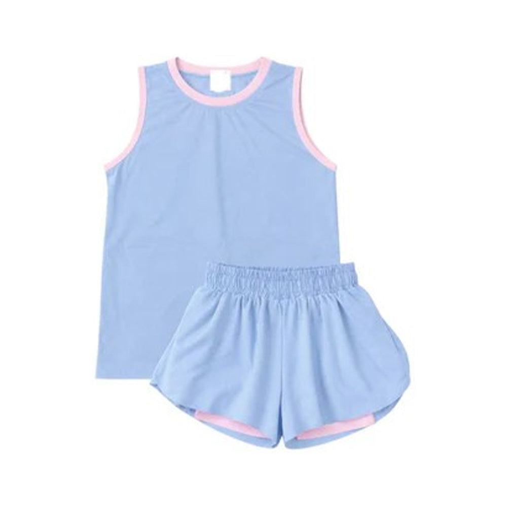 (Pre Order) No moq GSSO3527 Little Girls Solid Blue Ruffle Edge Elastic Waist Active Wear Set