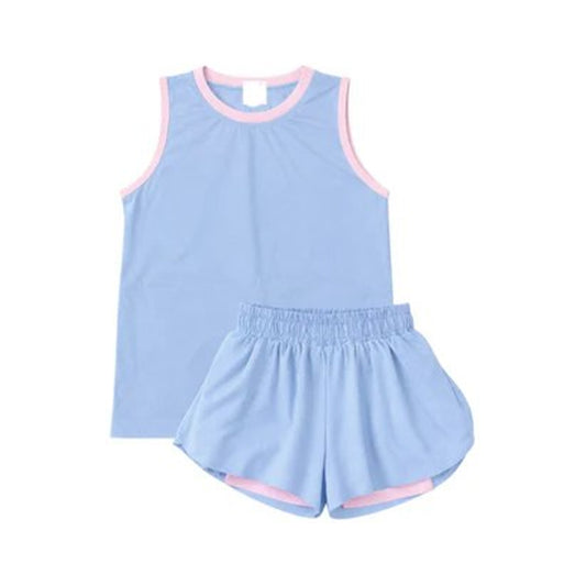 (Pre Order) No moq GSSO3527 Little Girls Solid Blue Ruffle Edge Elastic Waist Active Wear Set