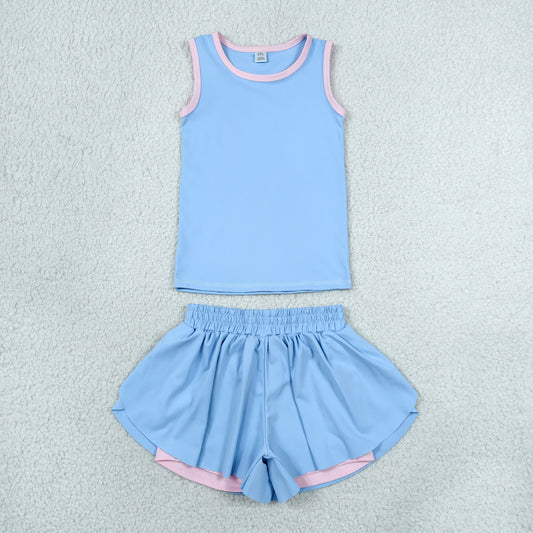 RTS NO MOQ yoga fabric GSSO3527 Baby Girls Solid Blue Ruffle Edge Elastic Waist Active Wear Yoga Set