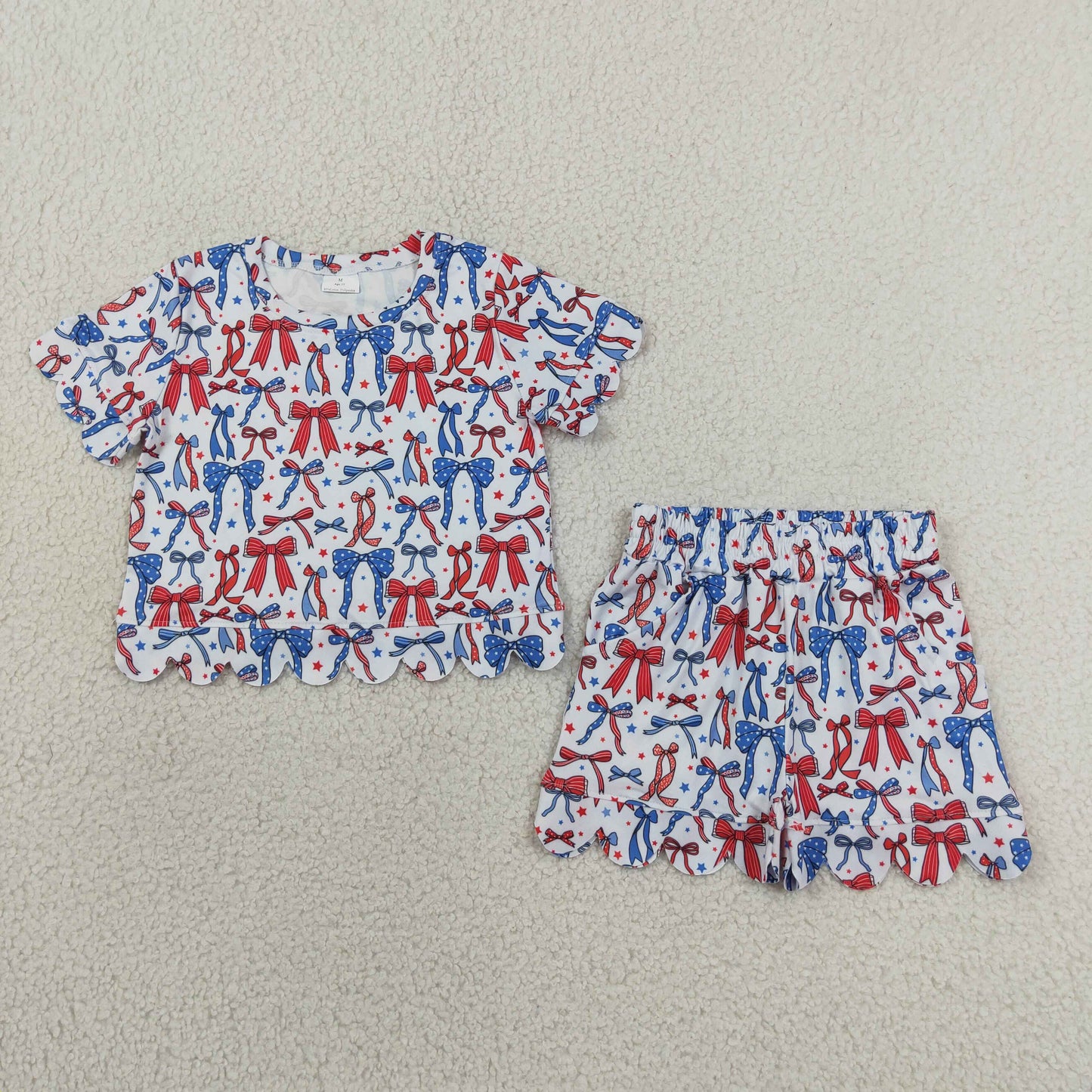 RTS NO MOQ  milk silk GSSO3548 Baby Girls Red Blue Bow Stars Top Elastic Waist Scallop Pocket Shorts Sets