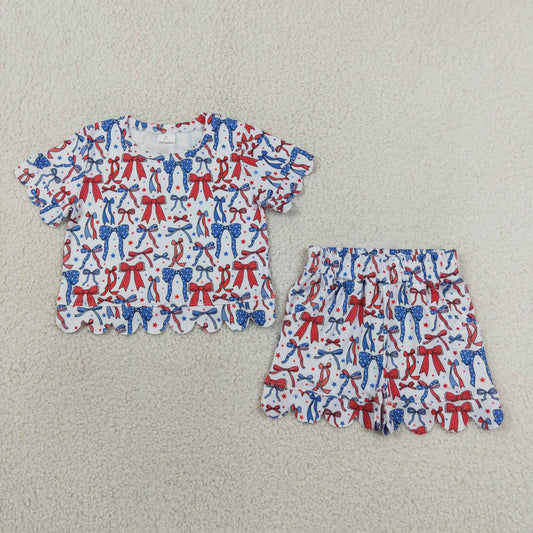 RTS NO MOQ  milk silk GSSO3548 Baby Girls Red Blue Bow Stars Top Elastic Waist Scallop Pocket Shorts Sets