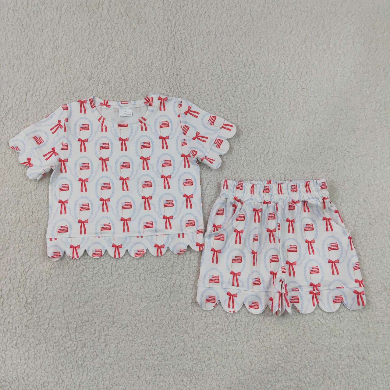 RTS NO MOQ milk silk GSSO3552 Baby Girls Flag Bows Checked Summer Short Sleeve Top Scallop Pocket Shorts Sets
