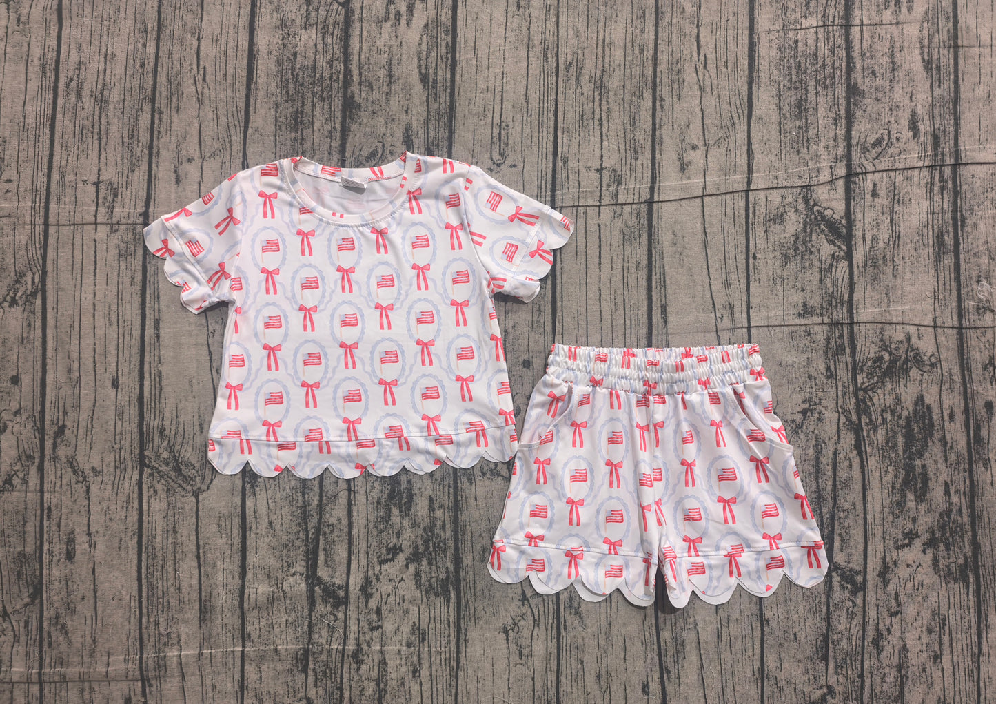 (Sample) No moq milk silk GSSO3552 Baby Girls Flag Bows Checked Short Sleeve Top Scallop Pocket Shorts Sets