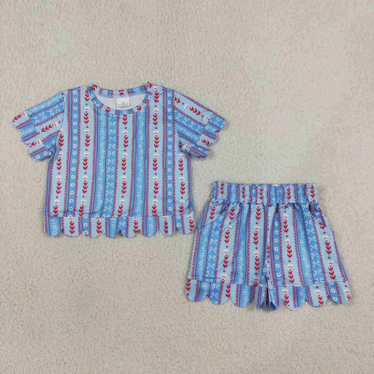 NEW RTS NO MOQ milk silk GSSO3554 Baby Girls Bows Flowers Stripe Top Scallop Pocket Shorts Sets