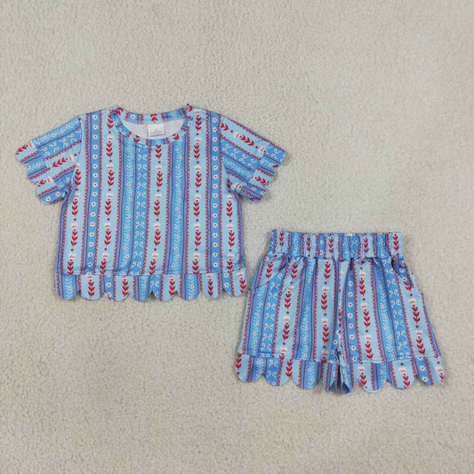 NEW RTS NO MOQ milk silk GSSO3554 Baby Girls Bows Flowers Stripe Top Scallop Pocket Shorts Sets