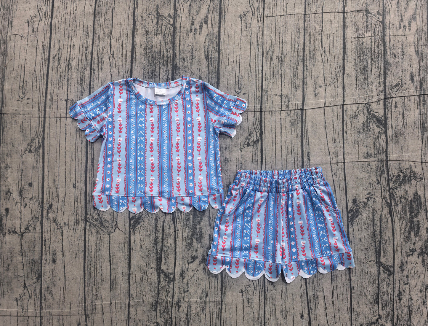 (Sample) No moq milk silk GSSO3554 Baby Girls Bows Flowers Stripe Top Elastic Waist Scallop Pocket Shorts Sets