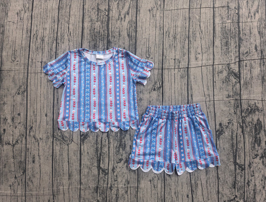 (Sample) No moq milk silk GSSO3554 Baby Girls Bows Flowers Stripe Top Elastic Waist Scallop Pocket Shorts Sets