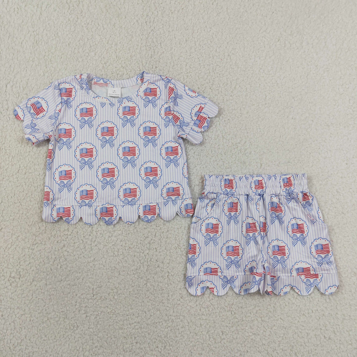 RTS NO MOQ  milk silk GSSO3555 Baby Girls Summer Bows Flags Checked Top Scallop Hem Pockets Shorts 4th of July Sets