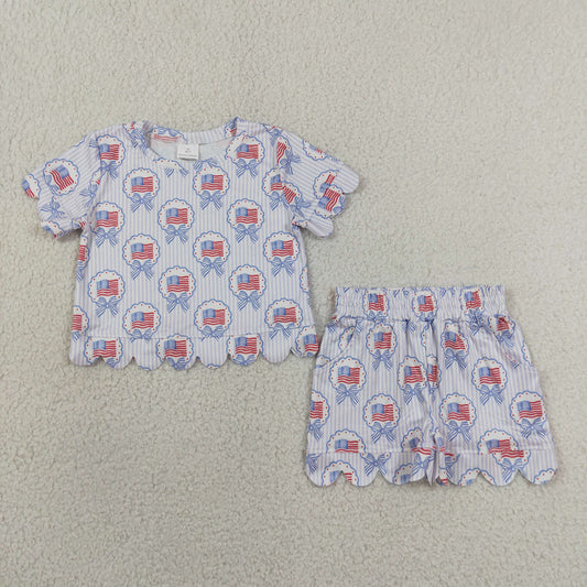 RTS NO MOQ  milk silk GSSO3555 Baby Girls Summer Bows Flags Checked Top Scallop Hem Pockets Shorts 4th of July Sets