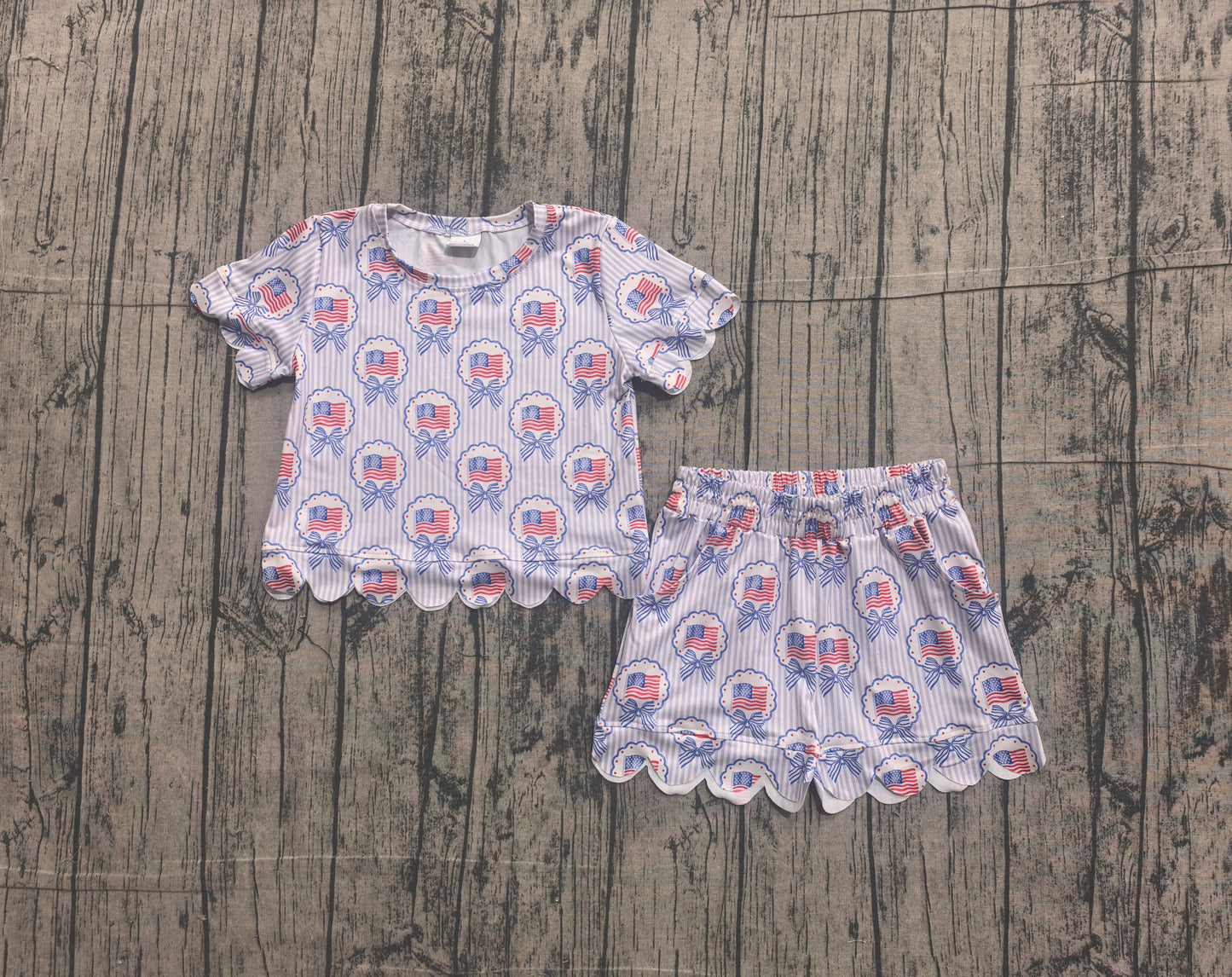 (Sample) No moq milk silk GSSO3555 Baby Girls Bows Flags Checked Top Scallop Hem Pockets Shorts 4th of July Sets