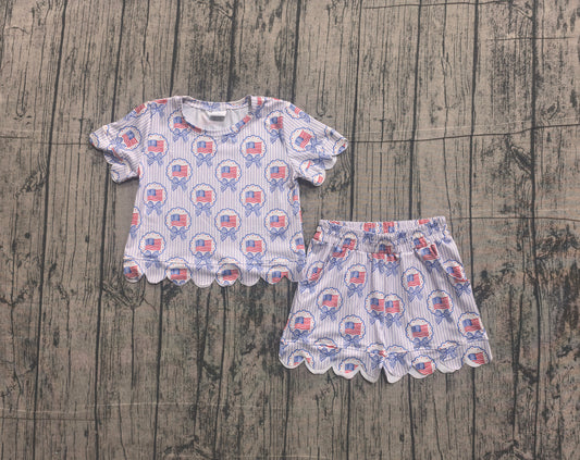 (Sample) No moq milk silk GSSO3555 Baby Girls Bows Flags Checked Top Scallop Hem Pockets Shorts 4th of July Sets