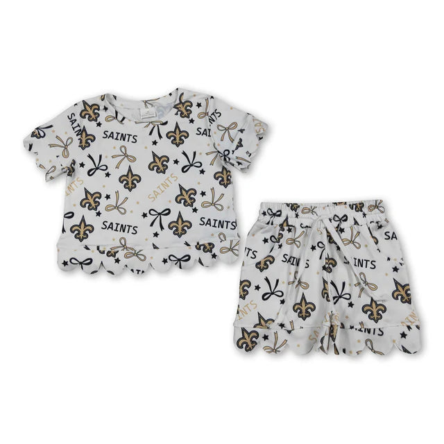 RTS NO MOQ Sibling milk silk Baby Girls Star Bow Top Scallop Short Team Set