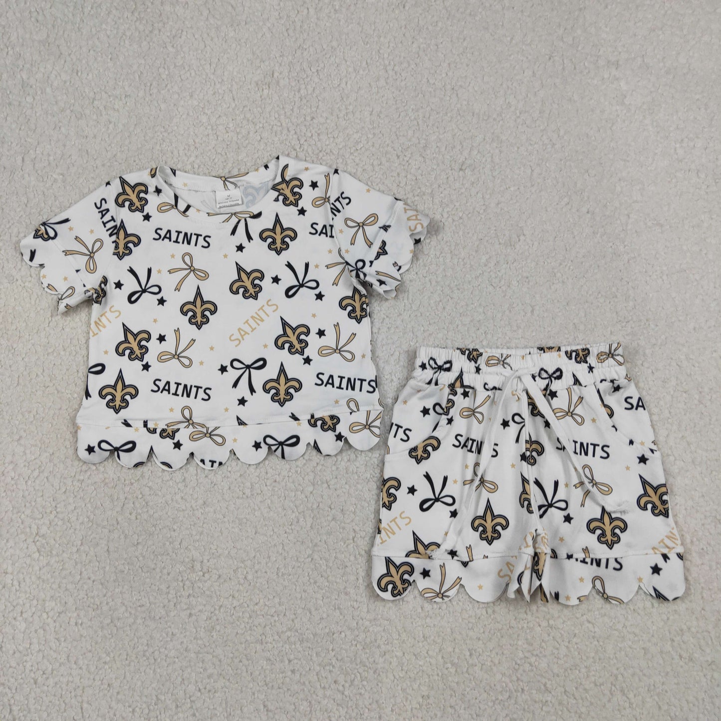 RTS NO MOQ milk silk GSSO3561 Little Girls Team Style Star Bow Scallop Edge Casual Wear Set